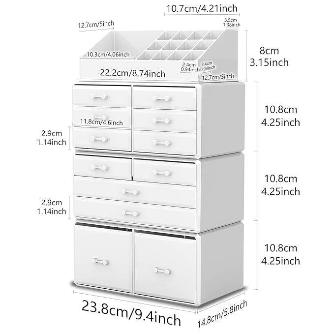 Readaeer Makeup Cosmetic Organizer Storage Drawers Display Boxes Case with 12 Drawers (White)