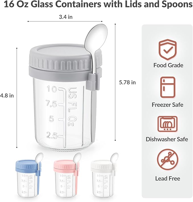DRKIO 4 Pack 16oz Glass Oats Containers w/Lids - Overnight Oats Prep