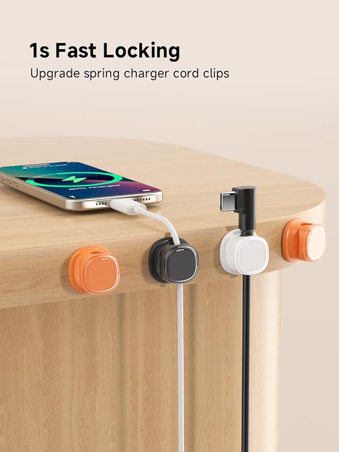 9 Pack Cord Organizer, Spring Cable Management, Adhesive Cute Cable Holder Clips, Phone Charger Wire Keeper for Desk Nightstand Car Office (9-Pack White_Orange_Black)