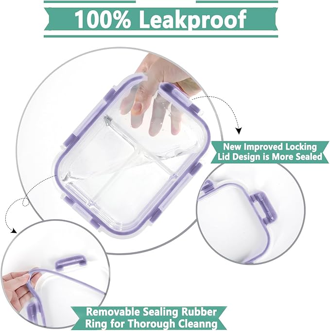 HOMBERKING 8 Pack Glass Meal Prep Containers 3 Compartment, 36oz Glass Food Storage Containers with Lids, Airtight Glass Lunch Bento Boxes
