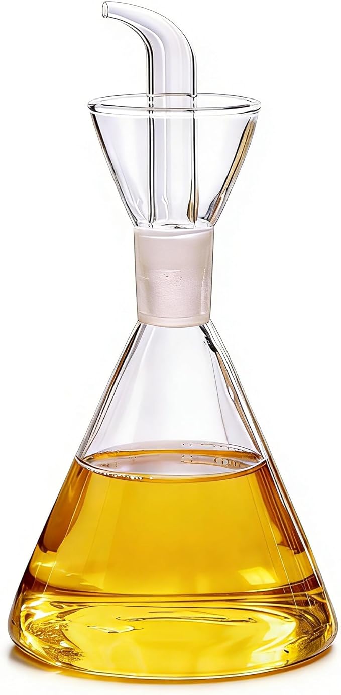 ELETON Conical 8 oz Glass Oil Dispenser – No Drip Olive Oil Cruet with Leak-Proof Spout, Easy-Fill Wide Mouth, Borosilicate Bottle for Kitchen & BBQ