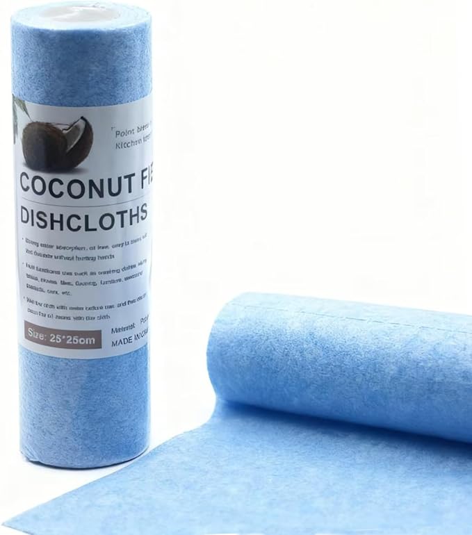 Reusable Coconut Fiber Dishcloth Roll – Eco-Friendly Cleaning Cloths, 20 Sheets (25×25 cm), Strong Absorbent Quick-Dry Towels for Kitchen,Bathroom,Garage,Car,Multiuse, Easy-Tear Perforated Roll, Blue