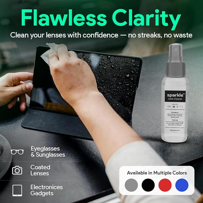 Sparkle Anti-Reflective Lens Cleaner Spray kit | (1) 2oz Glasses Cleaner Spray + (1) Microfiber Cloth for Eyeglasses, Sunglasses, Lenses