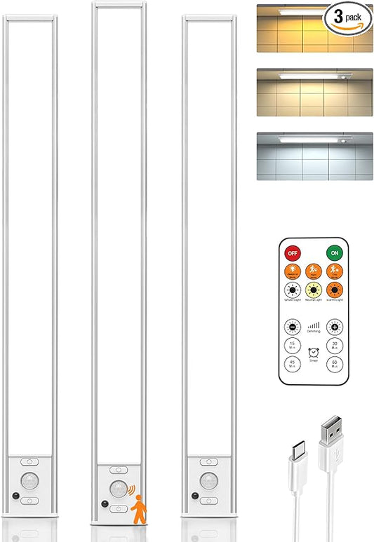 16inch Under Cabinet Lighting Wireless, Rechargeable Motion Sensor Light Indoor, Closet Lights with Remote, 3 Color Temps & Dimmable, Magnetic Under Counter Lights for Kitchen, Stairs, Pantry, 3 Pack
