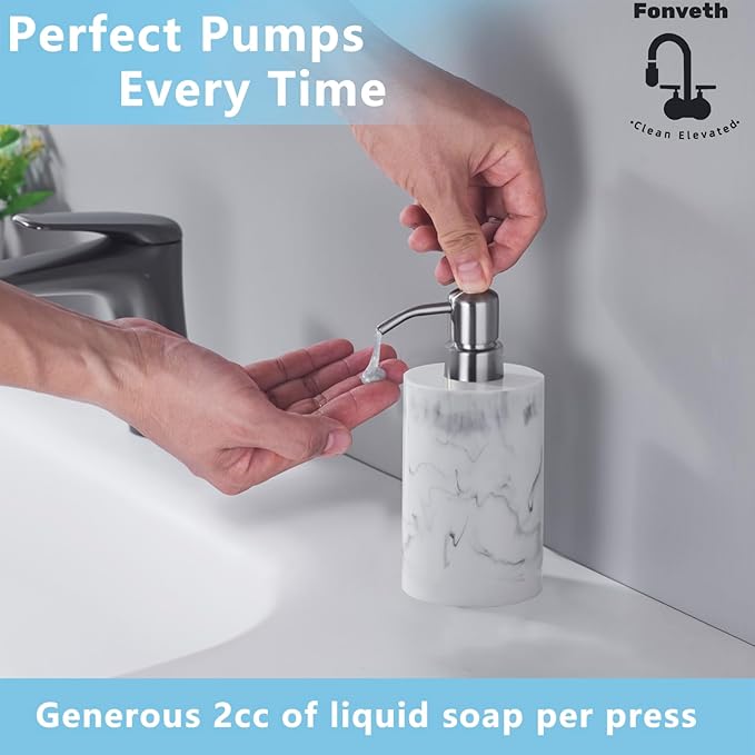 Hand Soap Dispenser White Marble for Bathroom Kitchen, 13.5oz Resin Bottle with Brushed Nickel Stainless Steel Pump, Cylindrical Bottle Countertop - for Liquid Soap, Lotion and Dish Soap