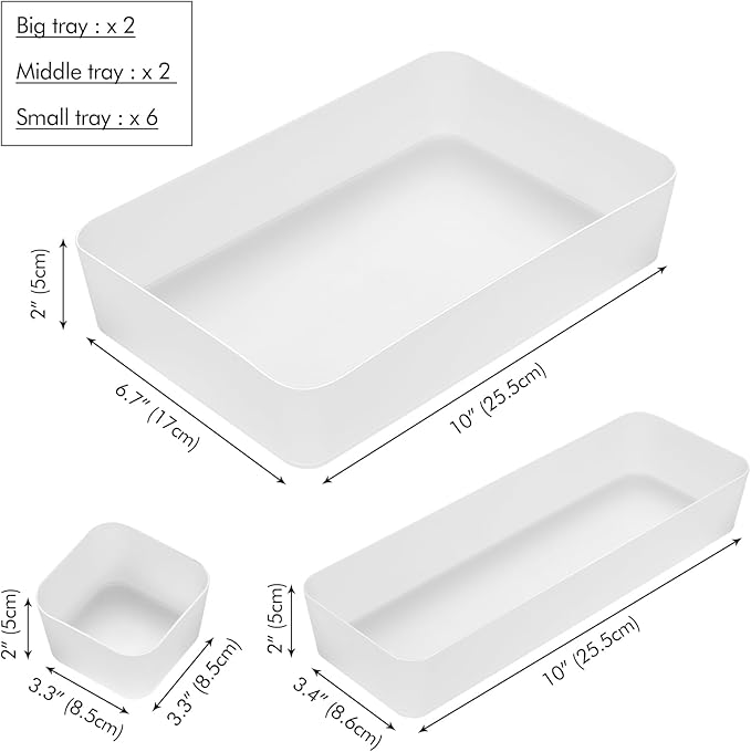 Poeland 10 Pcs Drawer Organizer Tray Storage Box for Bedroom Dresser Bathroom Kitchen, Frosted