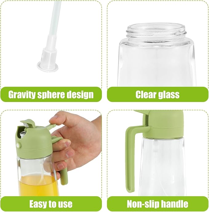 3PCS 2 in 1 Oil Dispenser and Sprayer,16oz/470ml Glass Olive Dispenser Bottle & Oil Spray Bottle,Oil Sprayer for Cooking,Kitchen,Salad,Barbecue,Air Fryer (Green)