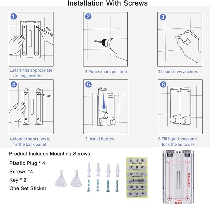 Soap Dispenser Shampoo Shower Dispenser Wall Mount 300mlx2 for Bathroom Hotel (Silver Grey)