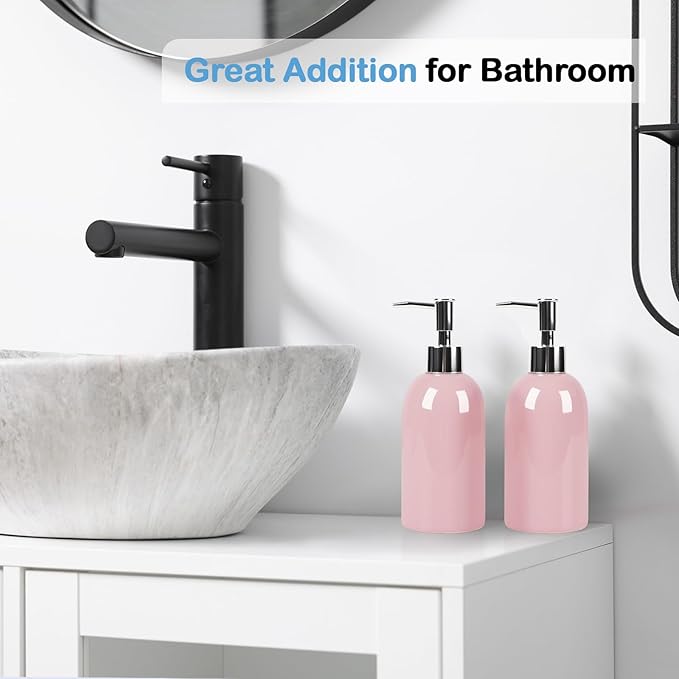 Natheeph 14OZ Ceramic Soap Dispenser Ceramic Soap Pump Dispenser Can Fill Liquid for Bathroom/Kitchen (2PC Pink)