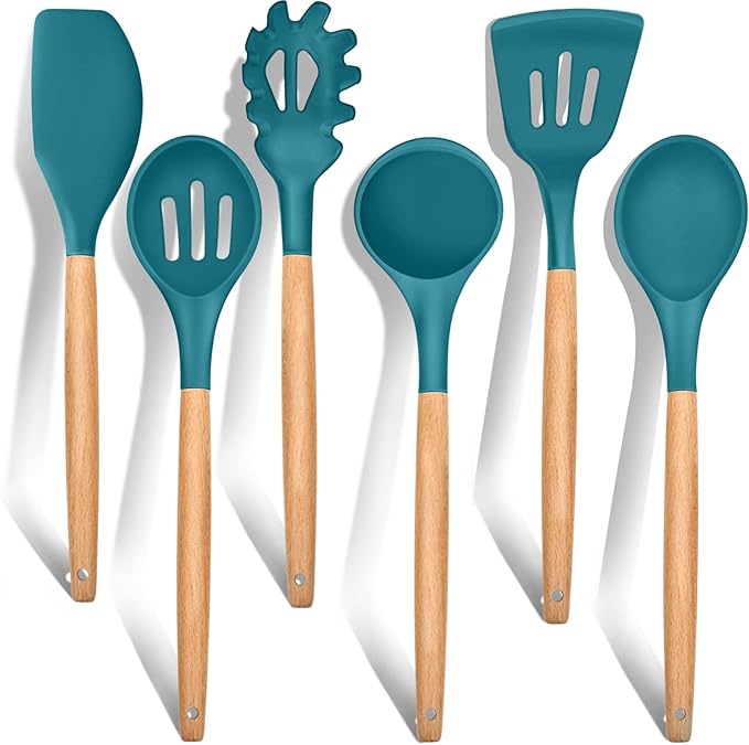 Kitchen Utensils Set of 6, E-far Silicone Cooking Utensils with Wooden Handle, Non-stick Cookware Friendly, Includes Spatula/Ladle/Slotted Turner/Serving Spoon/Spaghetti Server(Teal Blue)