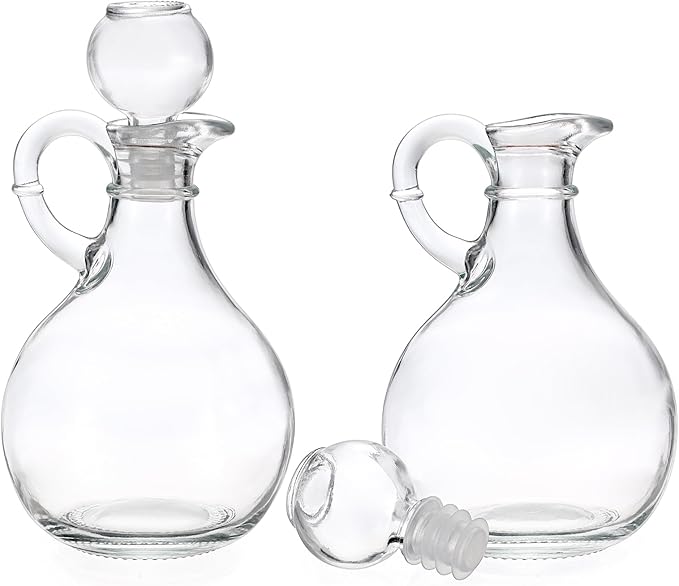 BSTKEY Set of 2 Olive Oil Dispenser Bottle with Stopper, Elegant Style Round Glass Cruet Bottles for Kitchen, 310ml Oil Dispenser Spout Container for Syrup Olive Vinegar