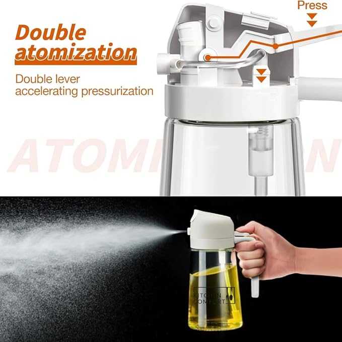 2 in 1 Oil Sprayer & Dispenser - 16oz/470ml Glass Bottle - Air Fryer, Frying, Baking, Olive Oil - Off White