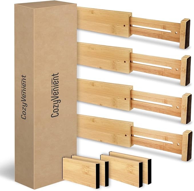 Adjustable Bamboo Drawer Dividers for Clothes, Kitchen Utensils, Office Desks