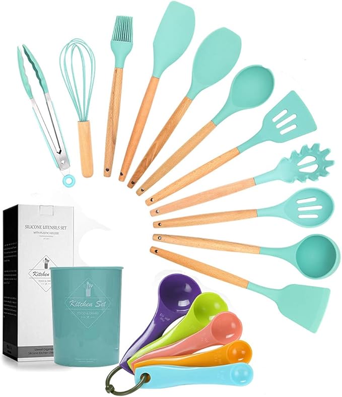 17PCS Silicone Utensils Set with Wooden Handle Heat Resistant Cookware Utensils Kit Easy To Clean Kitchenware Kitchen Tools for Non-Stick Cookware - Drak Green