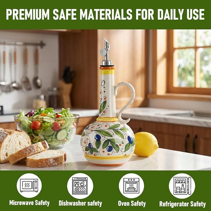 18 oz Ceramic Olive Oil Dispenser Bottle - Hand-Painted Italian Kitchen Decor Oil Cruet with 2 Spouts, Silicone Funnel, Cleaning Brush & Writable Labels - Ceramic Olive Oil Decanter for Kitchen