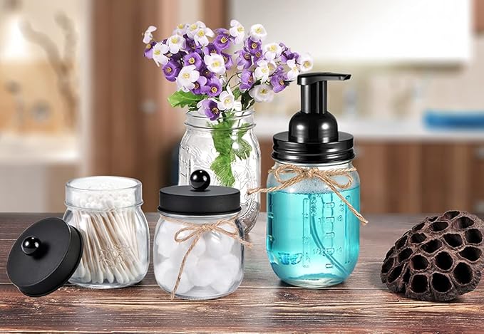 SheeChung Mason Jar Foaming Soap Dispenser-Rustproof Stainless Steel Lid & Foaming Soap Pump, Refill Foam Hand Soap Dispenser Glass for Bathroom Kitchen Vanities, Countertops-Black (2 pk)