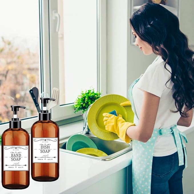 Soap Dispenser with Rust Proof Pump, Waterproof Labels (2 Pack,16 Oz) Bathroom, Plastic Hand Dish Soap Dispenser for Kitchen, Premium Thick Soap Pump Bottles (Amber)