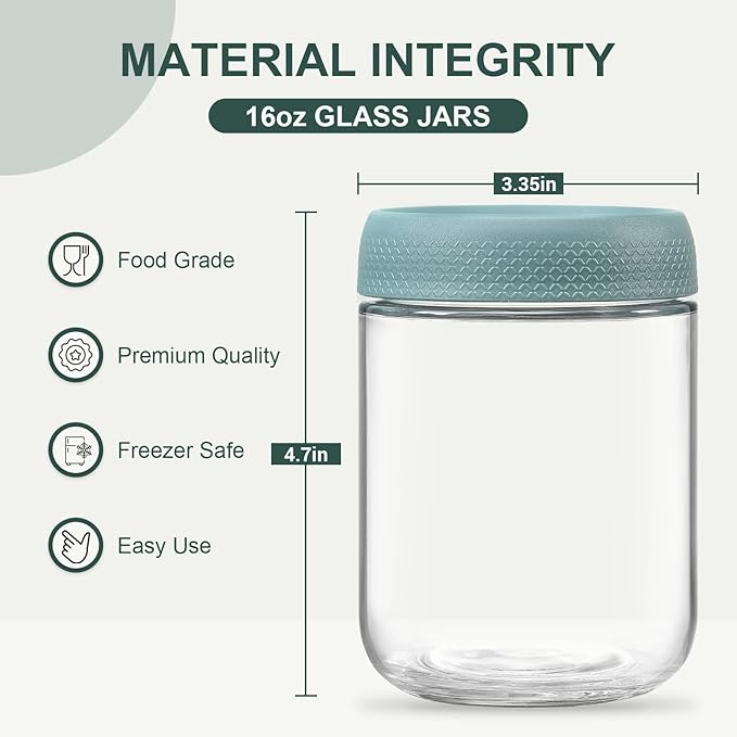 NETANY 6-pack 16oz Glass jars with Airtight Lids, Overnight Oats Containers with Lids, Wide mouth Mason Salad jars