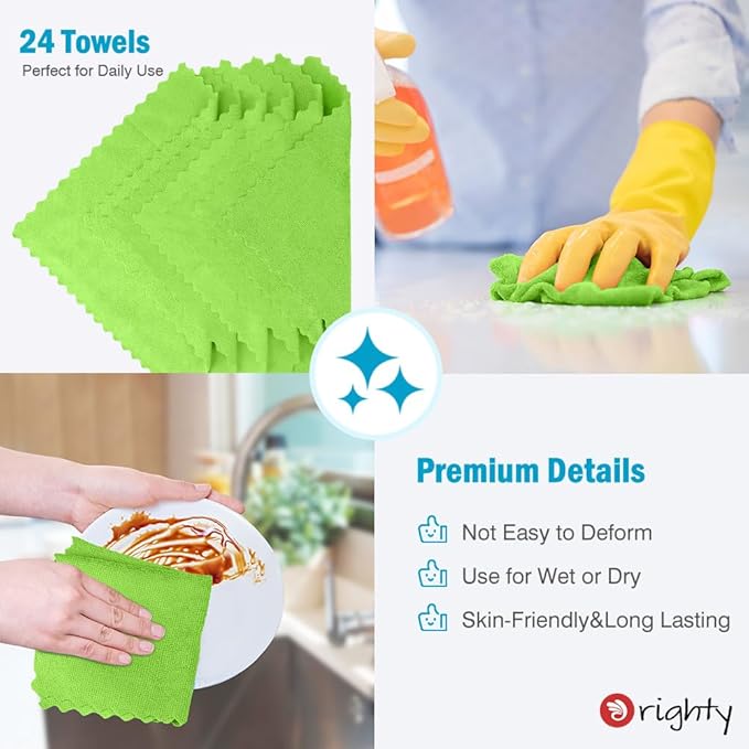 Orighty Microfiber Cleaning Cloth, 24 Pack Highly Absorbent Cleaning Supplies, Reusable Clean Rags for House, Microfiber Cloth for Kitchen, Window, Car Care, 11.5x11.5 inch Green