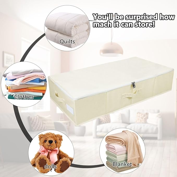 Omygarden Under Bed Storage Bins with Lids, Closet Organizers, Foldable Under-bed Storage Baskets for Sheets, Clothes, Quilts, Sweaters, Wrapping Paper, 35x16.5x7inch, Beige, 2PCS