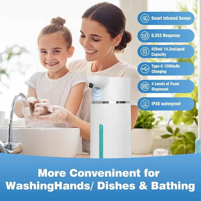 Touchless Automatic Soap Dispenser for Kitchen and Bathroom, Liquid Hand Soap Dispenser, Water-Resistant and Rechargeable, 14.2oz/420ml ，Intelligent Digital Display，4-Level Adjustable,Modern