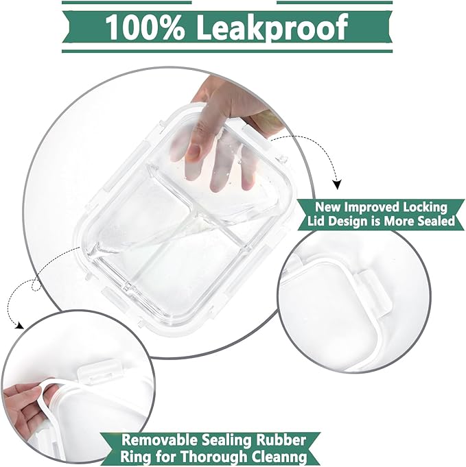 HOMBERKING 8 Pack Glass Meal Prep Containers 3 Compartment, 33oz Glass Food Storage Containers with Lids, Airtight Lunch Bento Boxes