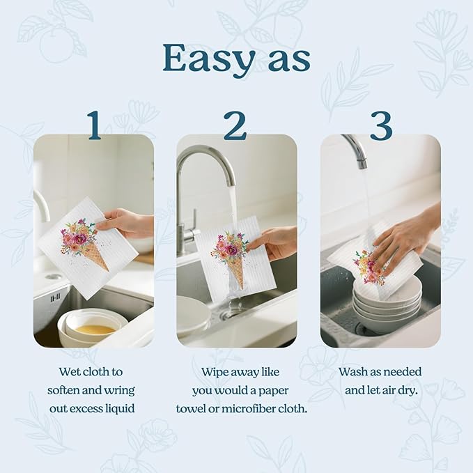 Swedish Dishcloths for Kitchen, Summer Ice Cream Floral Kitchen Dish Towels for Washing Dishes, 4 Pack Reusable Paper Towels, Ice Cream Decor, Sponge Cloths for Home Cleaning Cooking Baking