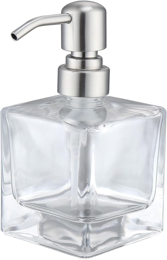 Hand Soap Dispenser Square with Brushed Nickel Pump, 8.4 oz Liquid Clear Glass Soap Dispenser with Stainless Steel Pump for Dish Soap Bathroom Kitchen Vanity Countertop
