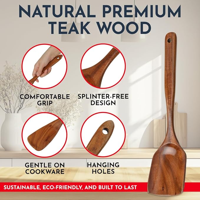 Teak Wooden Utensil Set 6-Piece - Smooth Finish Wooden Spoons for Cooking - Comfortable Grip, Non Scratch Premium Kitchen Wooden Cooking Utensils Set Teak Wood Cooking Utensils