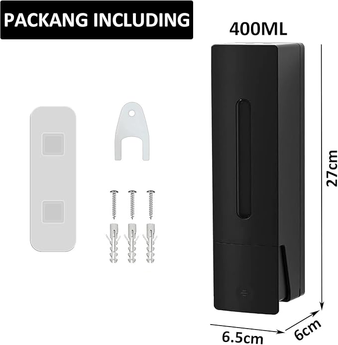 Single Wall Mounted Hand Soap Dispenser, 13.5oz/400ml Black Shower Pump, Clear Refillable Liquid Lotion Soap Dispenser, Drill Free with Adhesive or Wall Mount with Screws Shower Pump Dispenser