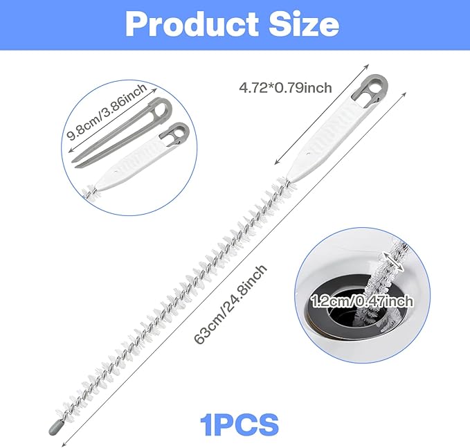 Upgraded Pipe Cleaner Brush, 24.8” Flexible Drain Cleaning Tool for Sink Overflow & Sewer, Bendable Long Brush with Forceps to Catch Hair & Debris