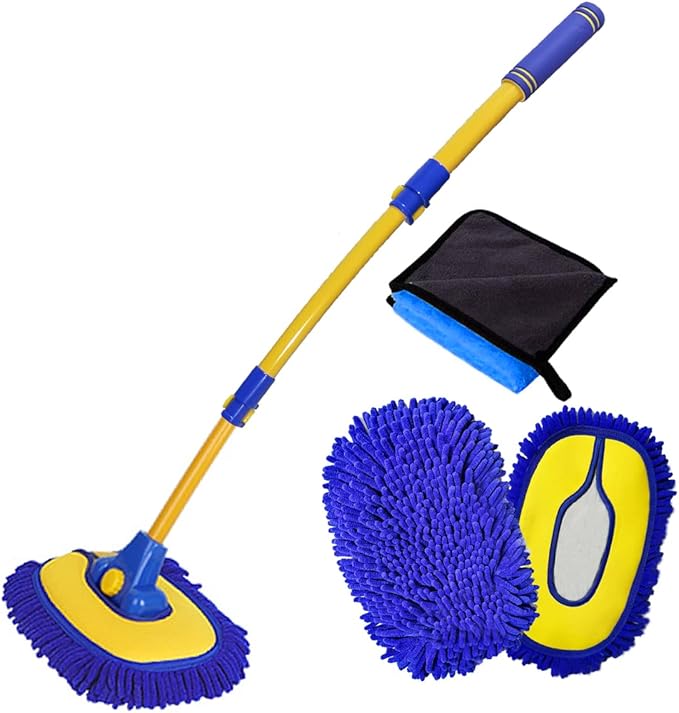 BMLEI Car Wash Brush with Long Handle, Microfiber Towels Car Wash Kit Cleaning Supplies, Car Wash Mop Mitt with 2 Replacement Head