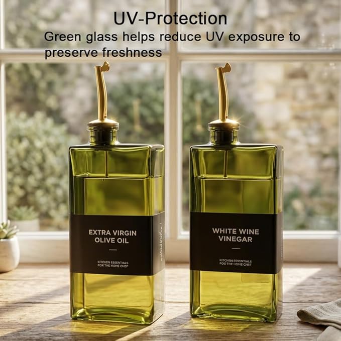 Glass Olive Oil Dispenser Bottle Set of 2 (16.9 oz/500 ml), Green Square Oil & Vinegar Cruet with Drip-Reducing Pour Spouts, Bamboo Tray + Stainless Steel Funnel, 40 Labels for Kitchen Counter