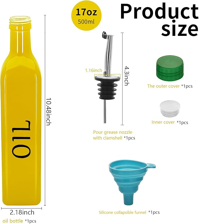 1 Pc 17oz Olive Dispenser Bottle,500ml Glass Oil and Vinegar Dispenser Set with 1 Stainless Steel Pourers,Funnel Bottles for Kitchen (Yellow Oil)