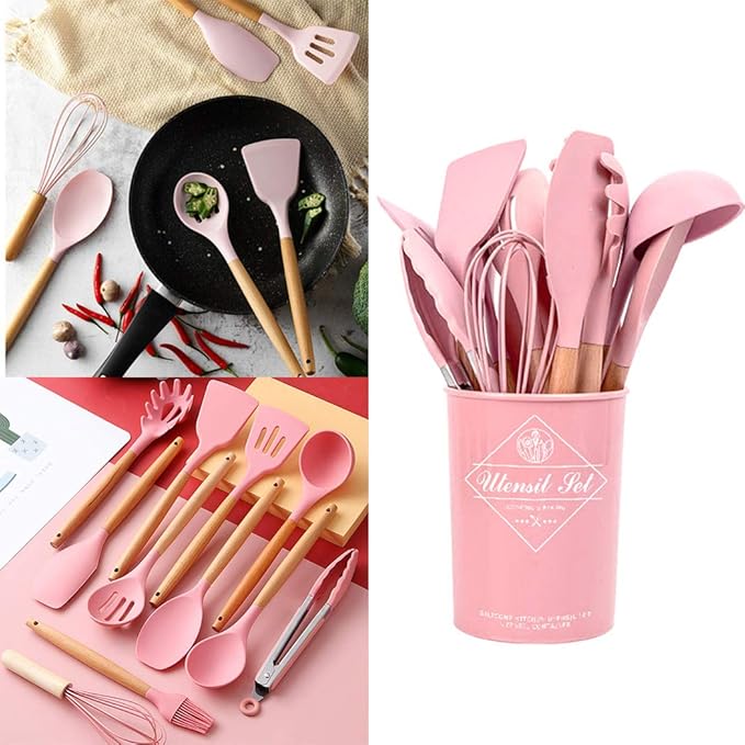 17PCS Silicone Utensils Set with Wooden Handle Heat Resistant Cookware Utensils Kit Easy To Clean Kitchenware Kitchen Tools for Non-Stick Cookware - Pink