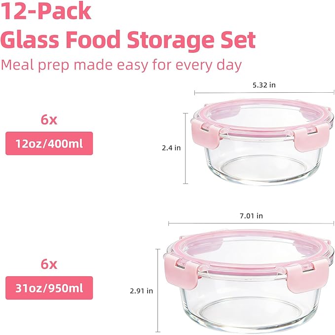 Konokyo Round Glass Food Storage Containers with Lids, 12 Pack Airtight Leakproof Meal Prep Containers, BPA-Free