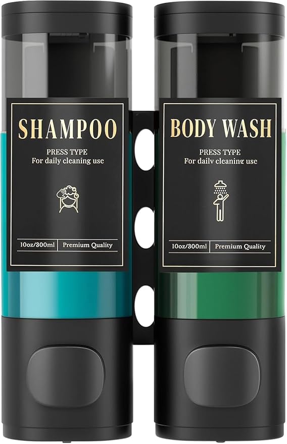 Luxspire Shampoo and Conditioner Dispenser, No Drill Wall Mounted Shower Soap Dispenser 2 Chamber with Waterproof Labels, Easy Refill Soap Dispenser for Bathroom Hotel Kitchen, Black