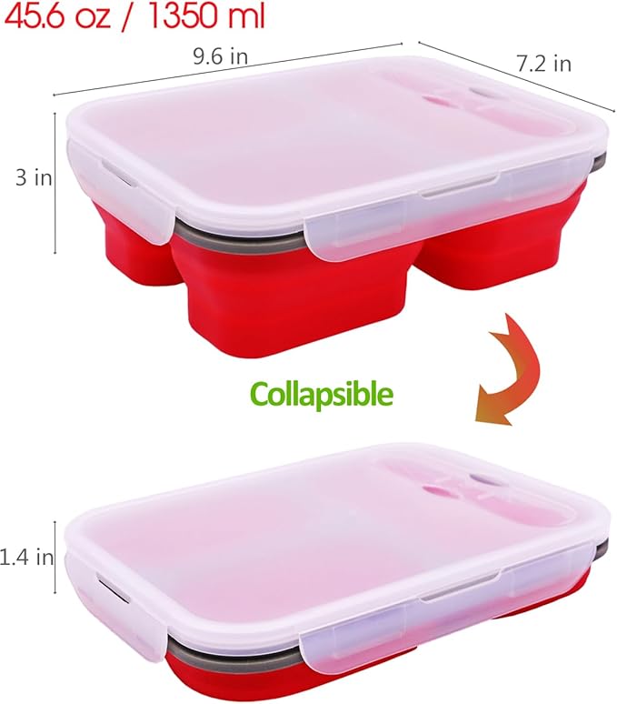 2 Pack Big Size Collapsible Silicone Bento Lunch Boxes With Lids Spoons Forks,3 Compartments, Divided Lunch Food Storage Containers, Safe in Microwave