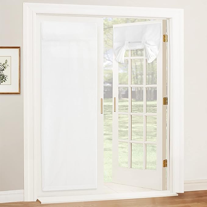 RYB HOME Tricia Door Curtain Natural Linen Blended French Door Curtain Room Darkening Window Shades for Patio Doorway Privacy Tie up Blind, 26 inch x 69 inch, White, 1 Panel