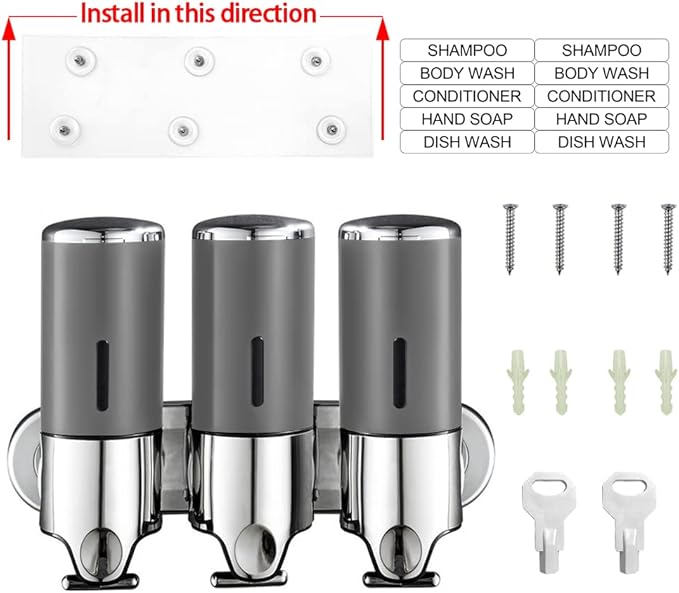No-Drill 3 Pack 500ml Wall Mounted Soap Dispenser for Bathroom and Kitchen, Shampoo and Conditioner Dispenser Drill Free with Adhesive(Round-Grey)