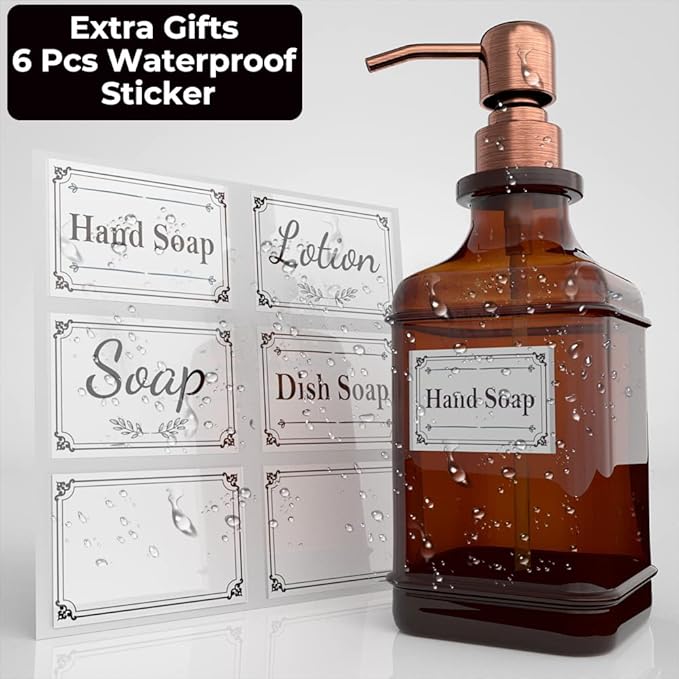 GLADPURE Soap Dispenser 2 Pack, Hand Soap Dispensers with 18 Oz Antique Design Thick Amber Glass Bottle, 316 Rust Proof Stainless Steel Pump, 6Pcs Stickers, for Lotion, Soap - Brushed Copper