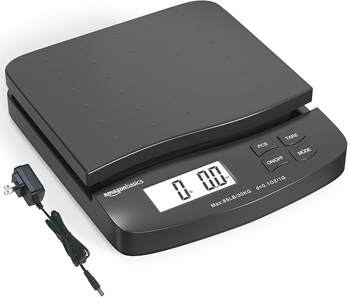 Amazon Basics Digital Postal Shipping Scale with Tare Function, AC Adapter, 65 lb Capacity, 0.1 oz Readability, LCD Display, Black