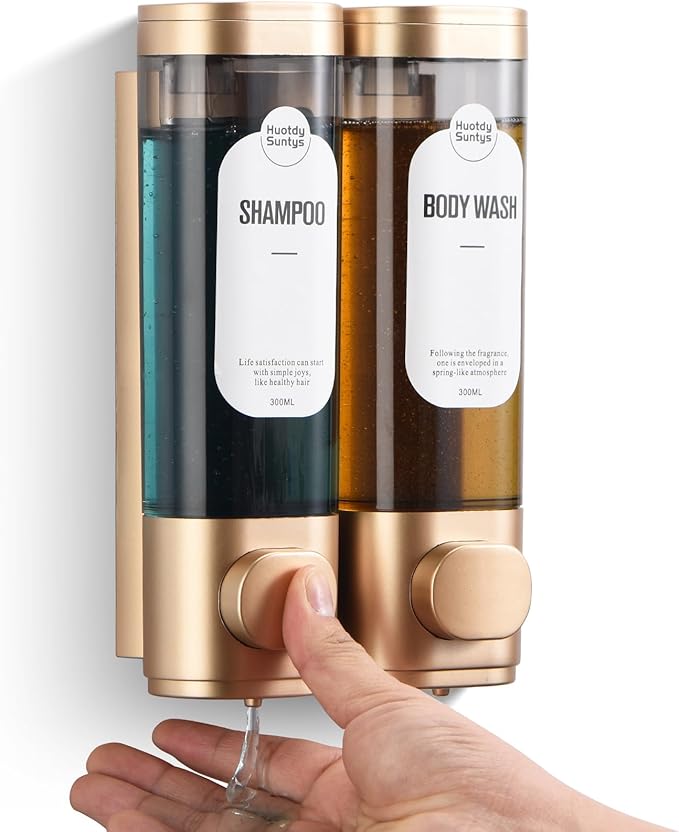 Shampoo and Conditioner Dispenser, Refillabe Shower Soap Dispensers 2 Chamber No Drill Shampoo Dispenser for Shower Wall Mounted 2 * 300ml Container for Bathroom Hotel (Gold 2 Chamber)