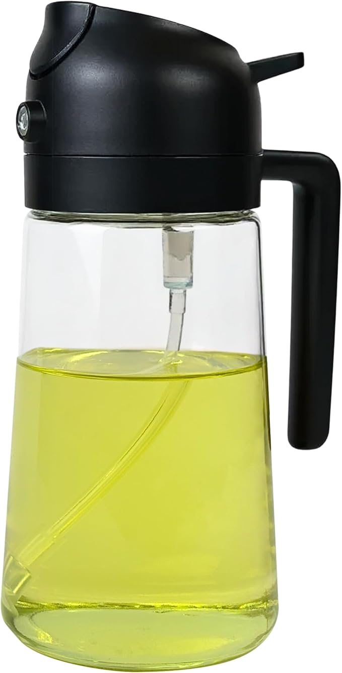 Oil Dispenser, 2 In 1 Cooking Oil Sprayer and Pourer, Non-Drip Spout for Kitchen Oil, Air Fryer, Salad, Grill, 16oz/470ml with Silicone-Encased Base (Black Cap, Clear Bottle)