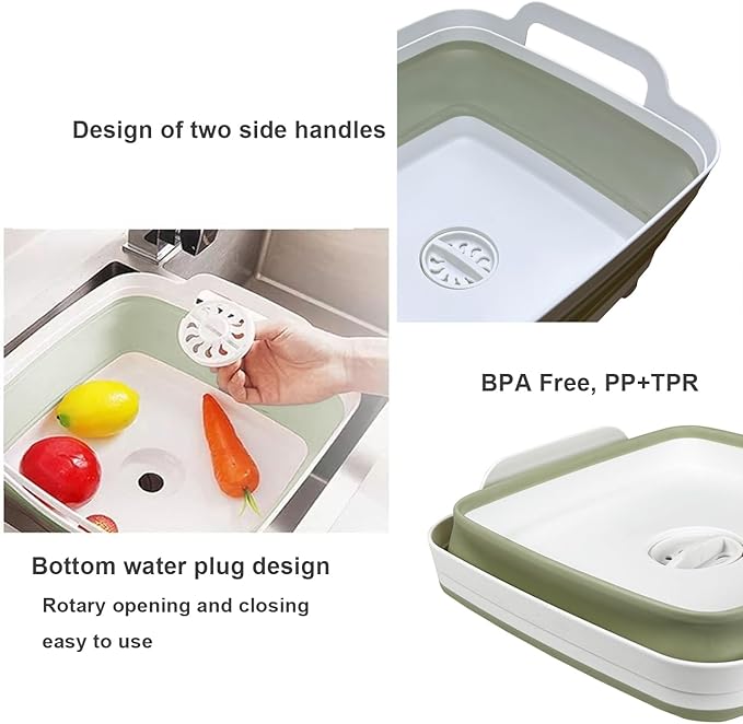 9L (2.4Gal) Dish Basin Collapsible with Drain Plug , Space Saveing Kitchen Storage Tray Dish Wash Basin, Portable Dish Tub, Foldable Dishpan for Camping ,RV,Green