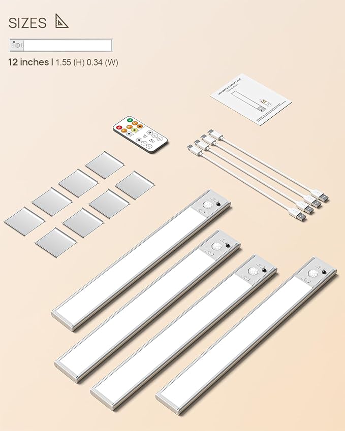 12inch Under Cabinet Lighting with Remote, 2500mAh Rechargeable Motion Sensor Light Indoor, LED Closet Lights with Timer, Dimmable, Magnetic, 3 Color Temps Wireless for Kitchen, Pantry, Stair, 4 Pack