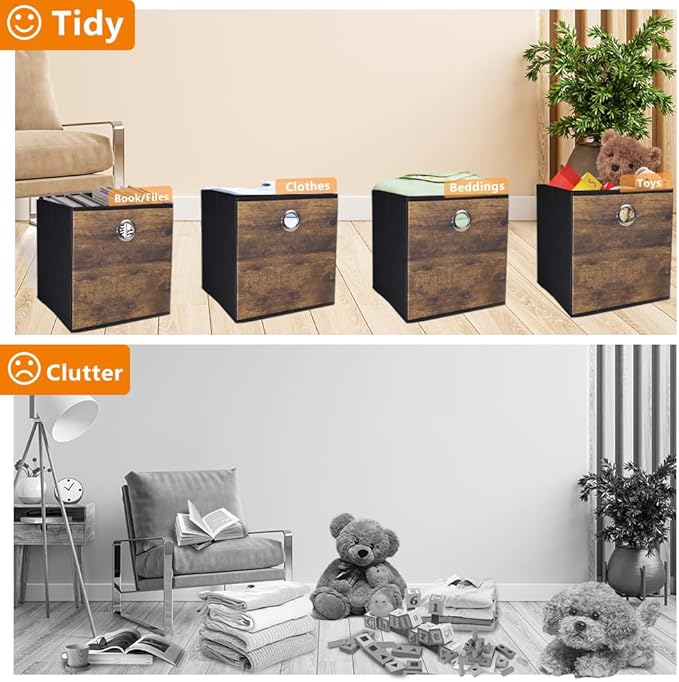 4 Pack Durable Storage Cube Bin with Decorative Wood Grain,Stylish Thickened Fabric Cube Box,Space-saving Storage Basket for Shelves,Closet,Office,Bedroom,Living Room,Nursery,Dorm,RV,13x13x13in(Large)