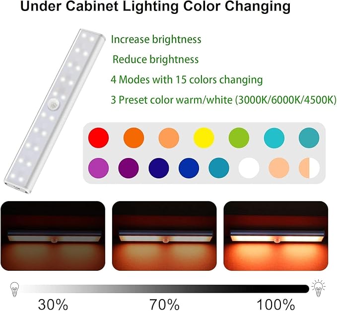 Under Cabinet Light Wireless with Remote, 15 Color RGB Magnetic Led Light Bar, 48-LED Rechargeable Closet Lights, 3 Timer & 4 Modes, Stick on Lights for Kitchen, Pantry, Bedroom, Stairs