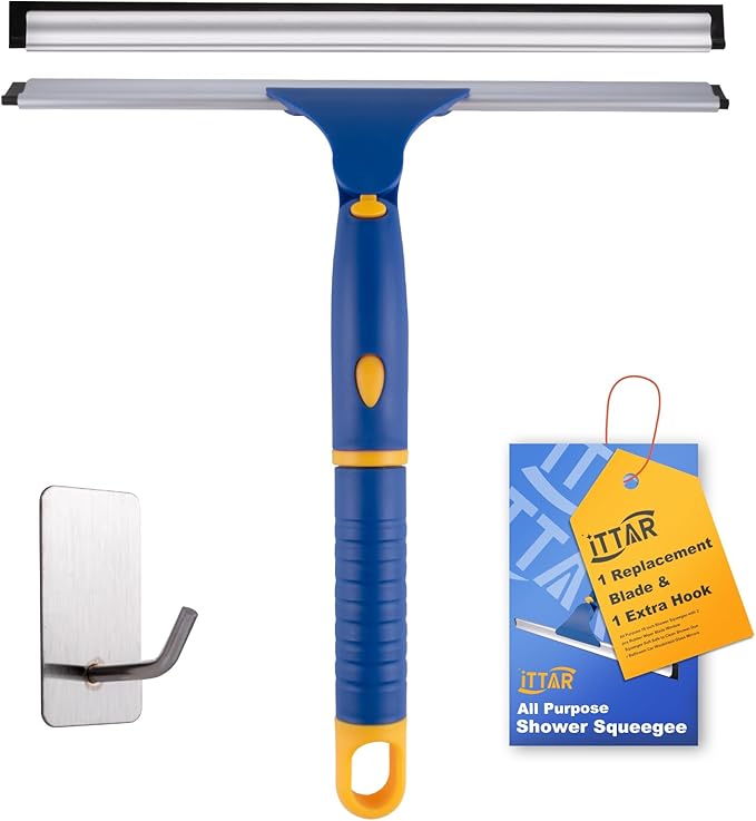ITTAR 12 inch Rotatable Shower Squeegee for Glass Doors, Multi-Purpose Window Squeegee with Hook & Refill Rubber Blade