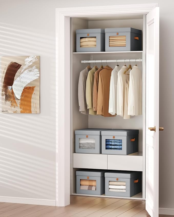 Homsorout Storage Bins with Lid – Closet Organizer with Side Opening and Clear Window, Foldable Stackable Fabric Basket for Clothes, Home, Office - 13.77" x 11.8" x 9.8", 5 Pack, Grey